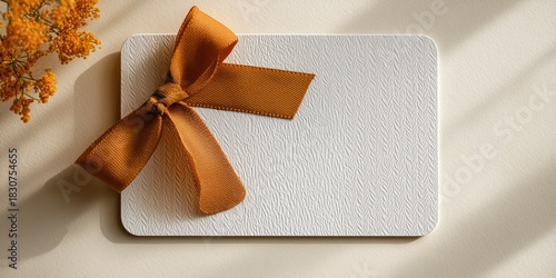 A blank, rectangular gift certificate mockup (long format) with a small, bright copper-colored silk ribbon