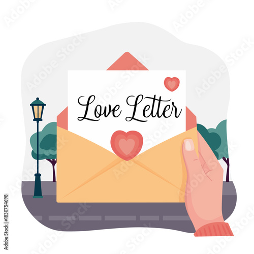Hand holding envelope with love letter inside on the backdrop of the city. Romantic vector illustration in flat style. Ready for Valentine's day cards designs, prints.