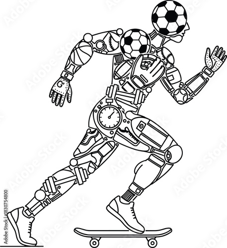 Line art robot athlete composed of sports equipment and mechanical parts soccer ball