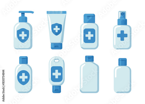 Medical hygiene bottles, flat vector illustration of hand sanitizers and soap containers