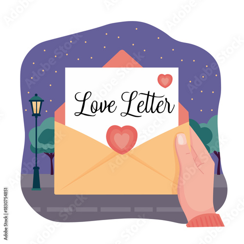 Hand holding envelope with love letter inside on the backdrop of the night city and starry night sky. Romantic vector illustration in flat style. Ready for Valentine's day cards designs, prints.