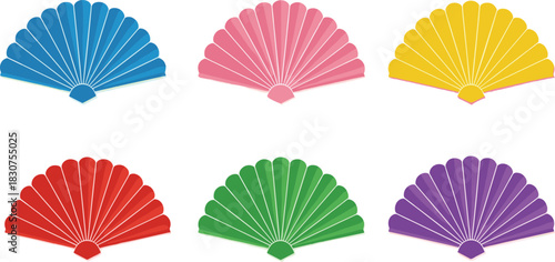 Six colorful folding fans arranged in two rows on a white background blue pink