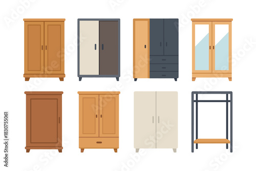 Wardrobe and closet designs, flat vector illustration, cabinets, storage solutions