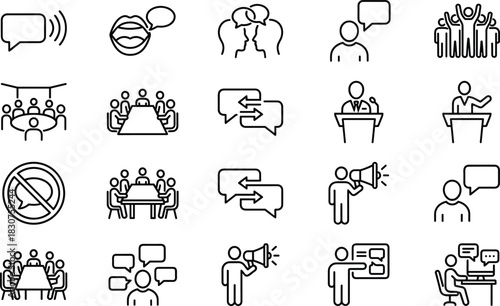 Communication line icons set, business meeting symbols, public speaking vector, conversation outline, conference table, megaphone sign, speech bubble, discussion, dialogue.