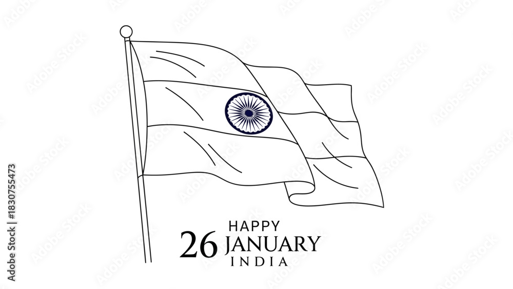 Naklejka premium Line art drawing of the Indian flag waving with 'Happy 26 January India' text, celebrating Republic Day.