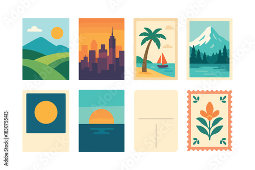 Postcards flat vector illustration. Post cards set
