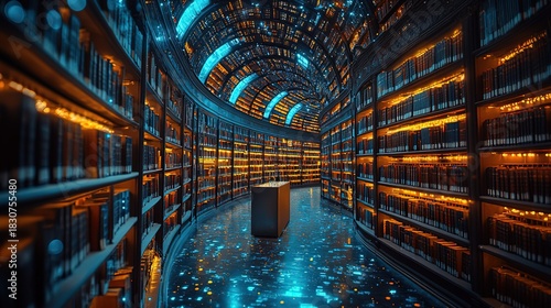 Enchanting Circular Library with Illuminated Bookshelves and Futuristic Floor Design