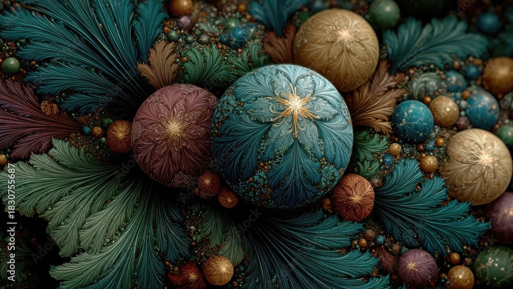 Fototapeta premium Intricate fractal spheres in rich earth tones with detailed floral patterns