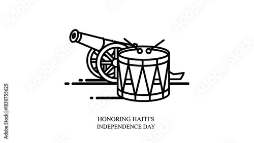 Line art illustration honoring Haiti's Independence Day with a cannon and a traditional drum.