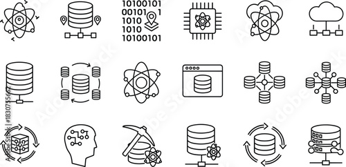 Data science and technology icon set, big data analysis, cloud computing, artificial intelligence, database server, machine learning symbols, vector line art