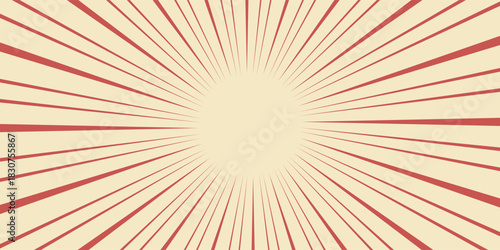 Red sunburst lines on yellow Background. Light sun rays pattern. Vintage stripes halftone radial wallpaper for poster, banner, advertising backdrop, comic or