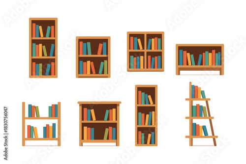 Bookshelves and libraries, flat vector illustration, bookcases, shelving
