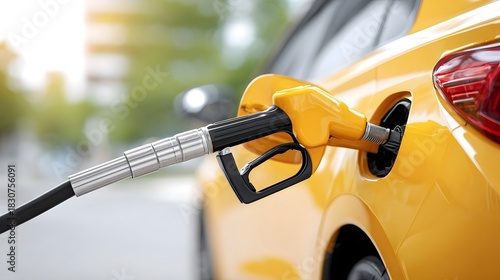 Close up shot of a yellow car receiving fuel from a gas pump illustrating the process of refueling a vehicle