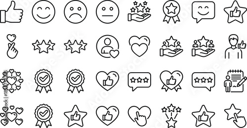 Customer feedback line icons, rating system symbols, review vector, satisfaction outline, emotion faces, star ranking, heart, thumbs up, badge, survey.