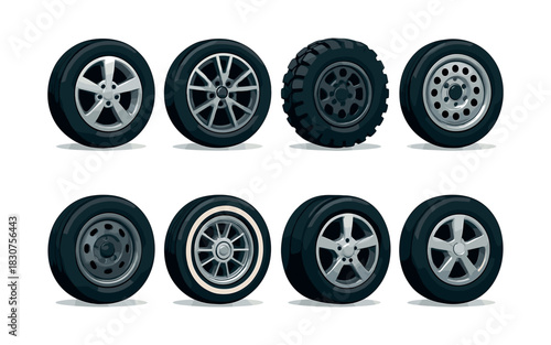 Car tire wheels, rims, and hubcaps set, flat vector illustration