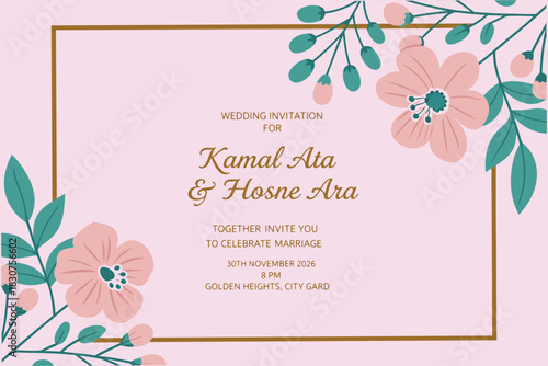 Elegant Pink Floral Wedding Invitation Template with Gold Frame