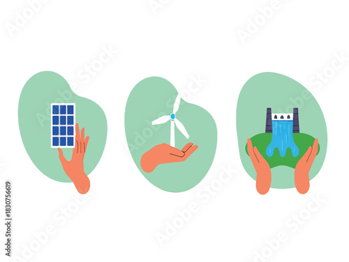 Vector collection of hands holding renewable energy sources solar, wind, and hydro