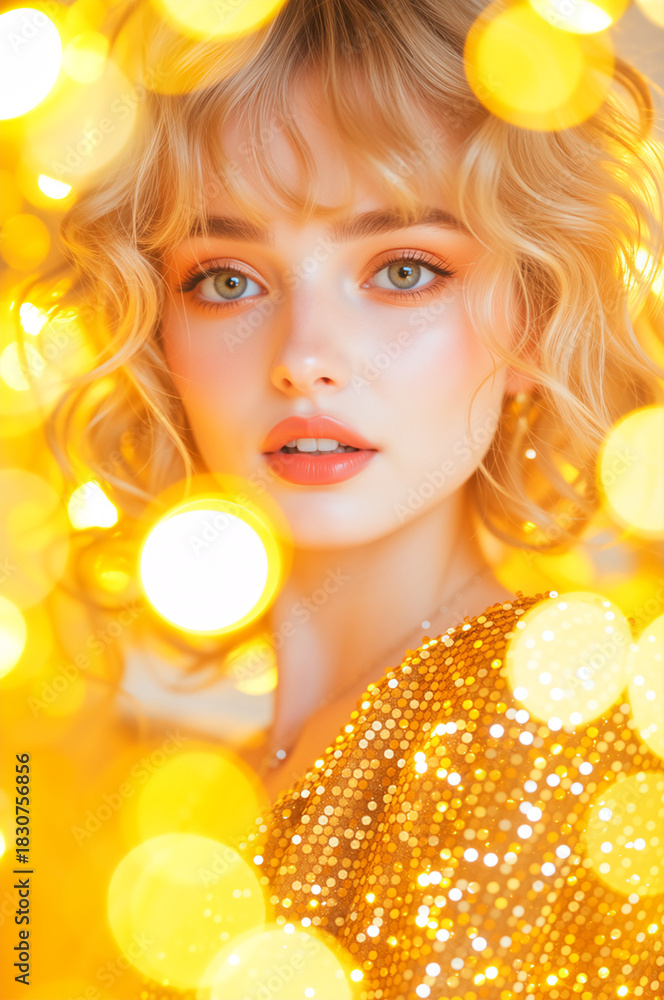 Fototapeta premium Beauty portrait of a festive woman with blonde hair and makeup. Young model in a gold sequin dress surrounded by bokeh lights for a New Year's celebration