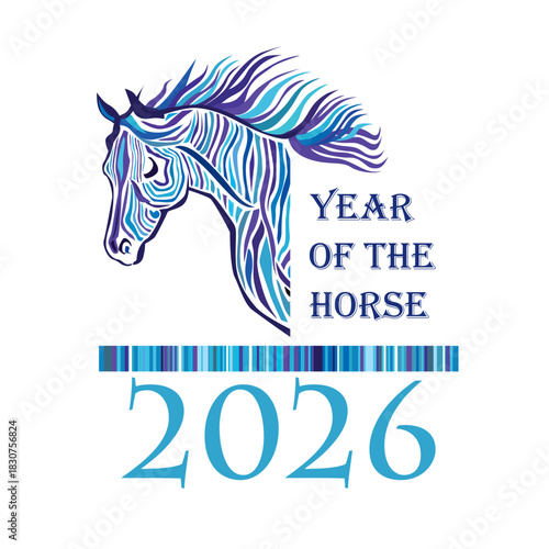 Happy new year posters for 2026. The year of the horse according to the Chinese calendar. Horse head painting. Wild animal drawing