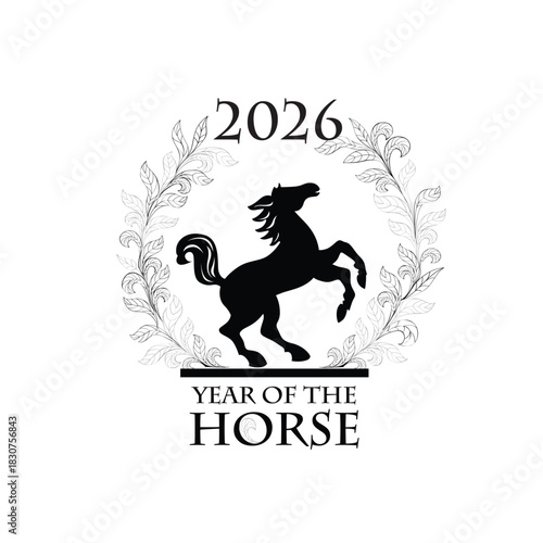Horse silhouette in wreath from branches with leaves. Line art drawing, Happy new year posters for 2026. Year of the horse according to the Chinese calendar. Horse head painting. Wild animal drawing