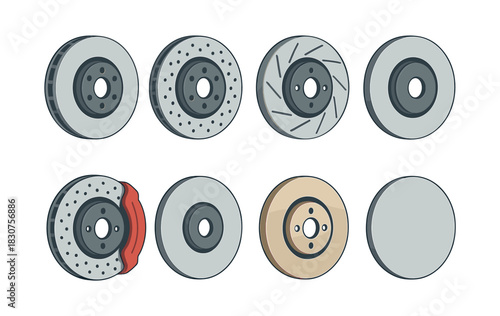 Brake disc collection, flat vector illustration, automotive parts, car components