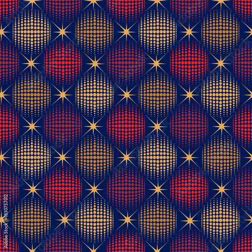Holiday baubles seamless pattern. Christmas icon ornament. Halftone balls and stars noel festive decor