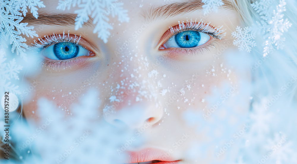 Fototapeta premium Winter beauty portrait of a woman with bright blue eyes. Fantasy face with frosted eyelashes and snowflakes for a holiday concept