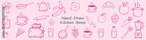 Hand Drawn Kitchen Icons Illustration Cute Food Clipart Cooking Utensils Vector Fruit Breakfast Vegetable Dessert Foodie