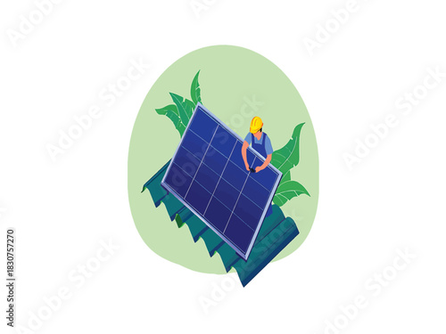 Worker installing rooftop solar panel, representing clean renewable energy and sustainable technology for a brighter future