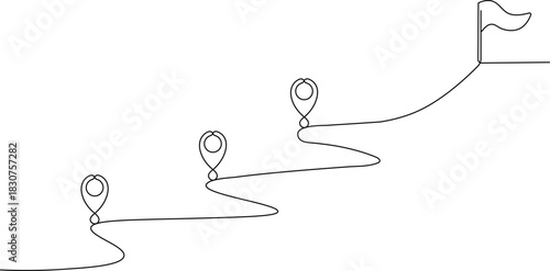 Continuous Line Journey Path - Minimalist One Line Art with Location Pins and Goal Flag