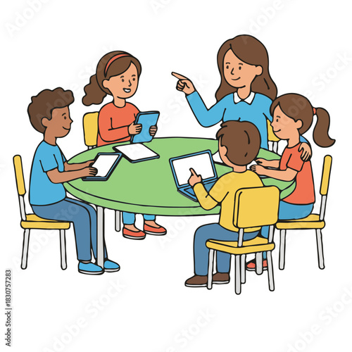 Digital Classroom Collaboration: A teacher guides a group of enthusiastic students during a collaborative lesson, each student engaged with a digital device.