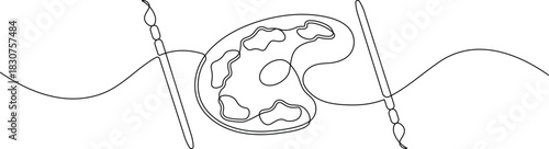 One Line Art Paint Palette and Brushes - Minimalist Continuous Line Drawing Illustration