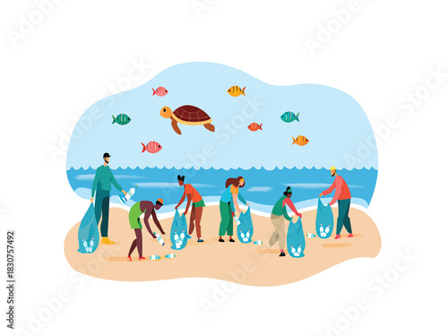 Team of volunteers cleaning up a sandy beach, an environmental vector illustration