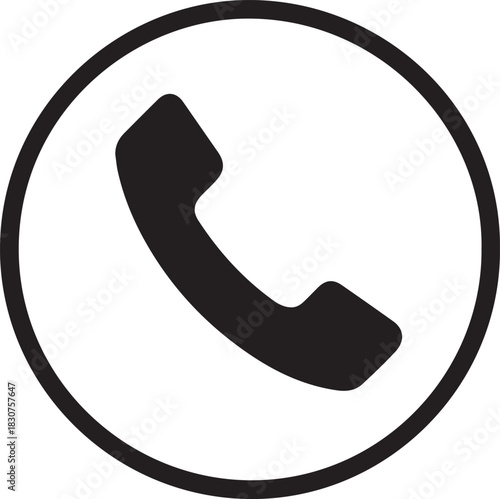 A minimalist black outline of a classic telephone handset is centered within a bold circular border.