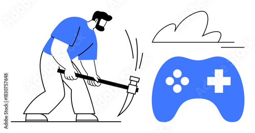 Man swings pickaxe against large video game controller highlighting struggle, detox. Ideal for gaming, addiction, wellness, mental health, self-control, productivity digital balance. Simple flat