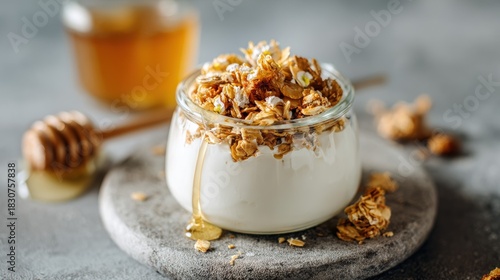 Fresh yogurt with crunchy granola and dripping honey