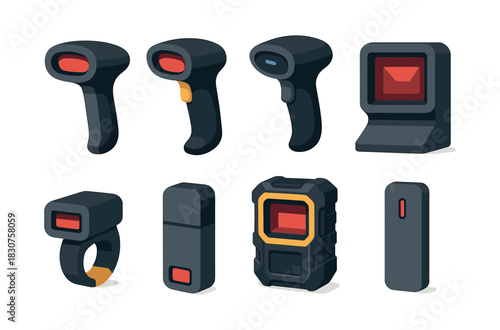 Barcode scanner collection, checkout, retail, devices, flat vector illustration