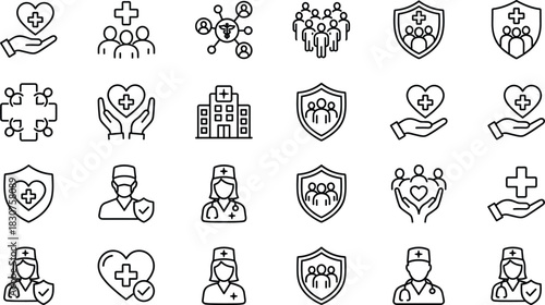 Healthcare line icons, medical insurance symbols, doctor vector, nurse outline, hospital sign, health protection shield, heart care, safety, clinic, emergency.