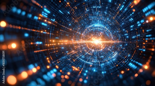 Technological Digital Tunnel with Glowing Lights and Grid Pattern