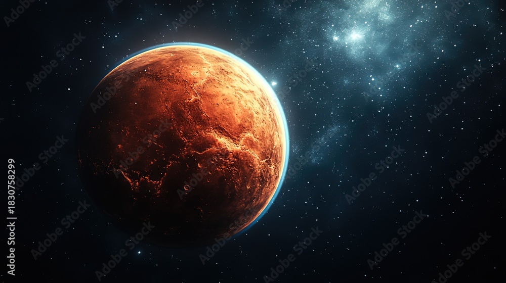 Obraz premium Large Red Planet in Celestial Space with Clouds and Stars
