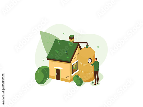 Sustainable Home with Man Checking Water Tank Vector Illustration