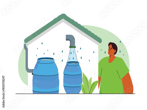 Illustration of a household rainwater harvesting system for sustainable water collection and conservation