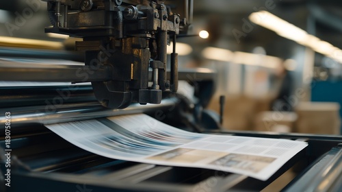 A vintage printing press stamping fresh ink onto paper sheets, gears turning rhythmically as rollers transfer bold typography — traditional printmaking craft, analog publishing history, and