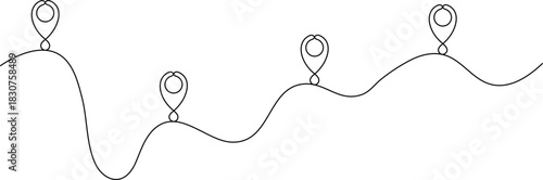 Continuous Line Location Pins - Minimalist One Line Art of Map Route with Wavy Path