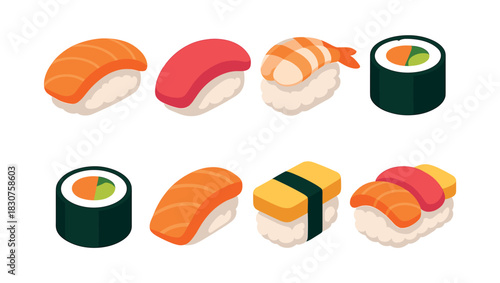 Sushi assortment, nigiri, sashimi, and rolls, flat vector illustration