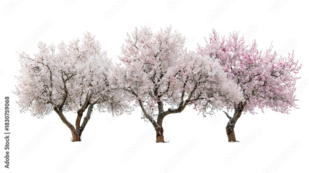 Obraz premium Three frosty almond blossom trees with white and pink flowers on transparent background