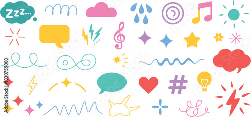 Colorful decorative icons, speech bubbles, hearts, stars, lightning bolts, musical notes, swirls, clouds, abstract symbols, vector design, expressive elements
