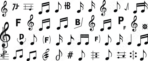 Music notation icons, clefs notes rests, sheet symbols, vector set, black design, educational graphics, musical elements, score layout, artistic style