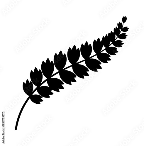 A stylized black illustration of a leaf sprig against a white background