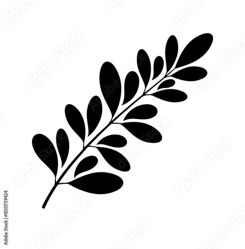 A black and white stylized illustration of a sprig with rounded leaf shapes